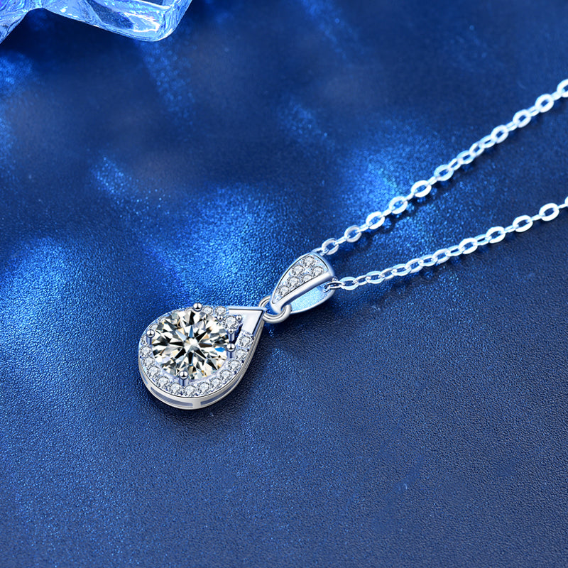 Elegant 1 Carat Round Solitaire Moissanite in Teardrop Halo Pendant with Chain in Platinum Overlay Sterling Silver, GRA Certified