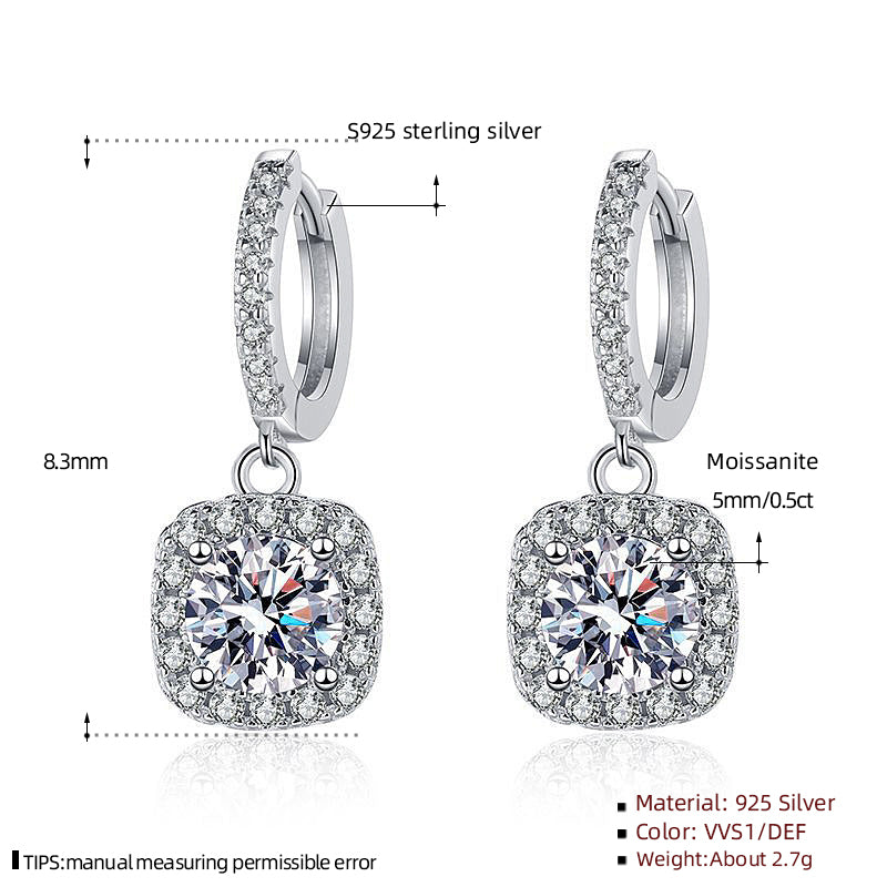 1 Carat Hoop Huggie Earrings with Square Halo Drop, in Platinum Overlay Sterling Silver