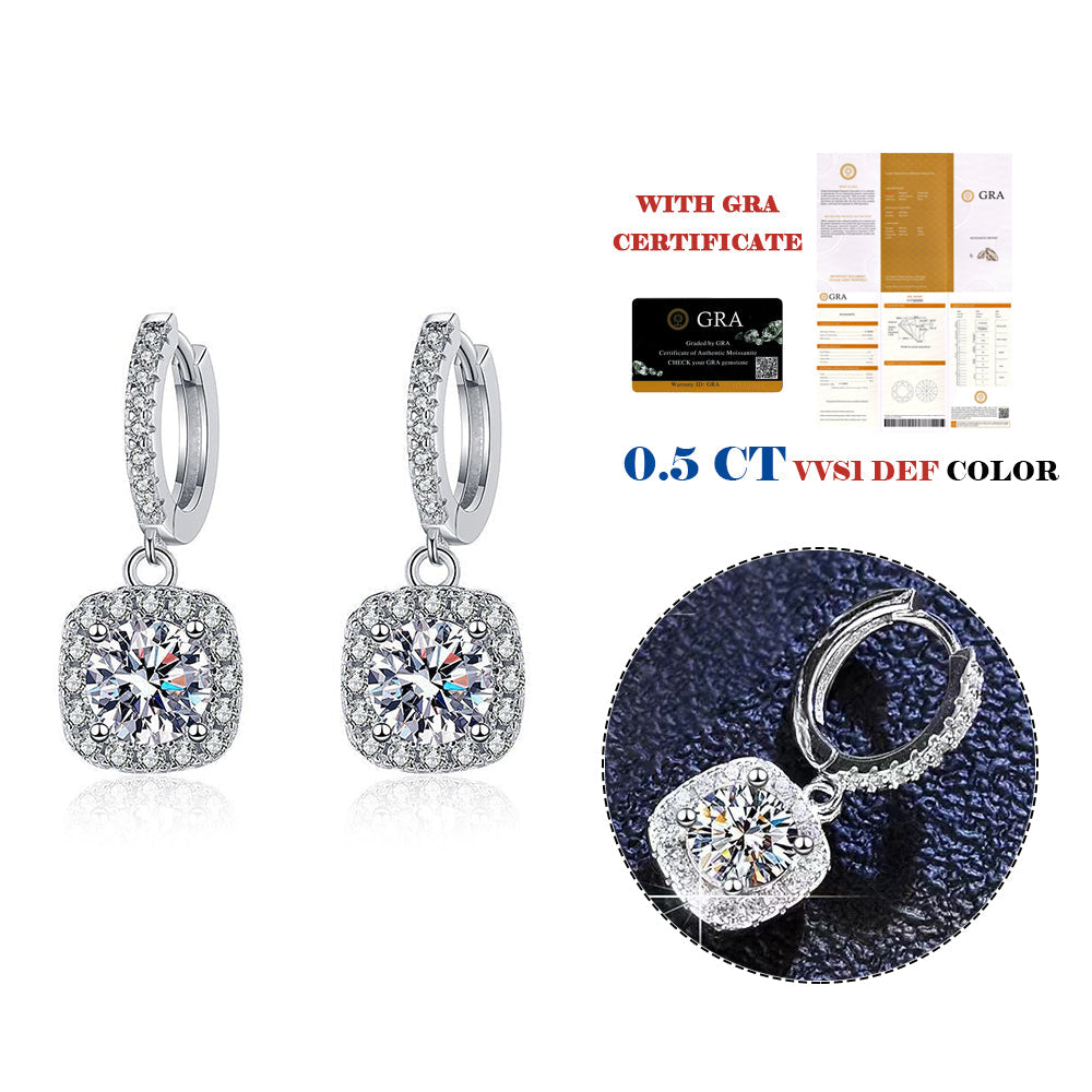 1 Carat Hoop Huggie Earrings with Square Halo Drop, in Platinum Overlay Sterling Silver