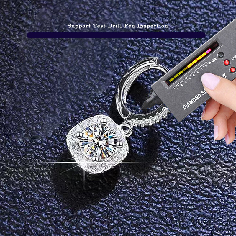 1 Carat Hoop Huggie Earrings with Square Halo Drop, in Platinum Overlay Sterling Silver