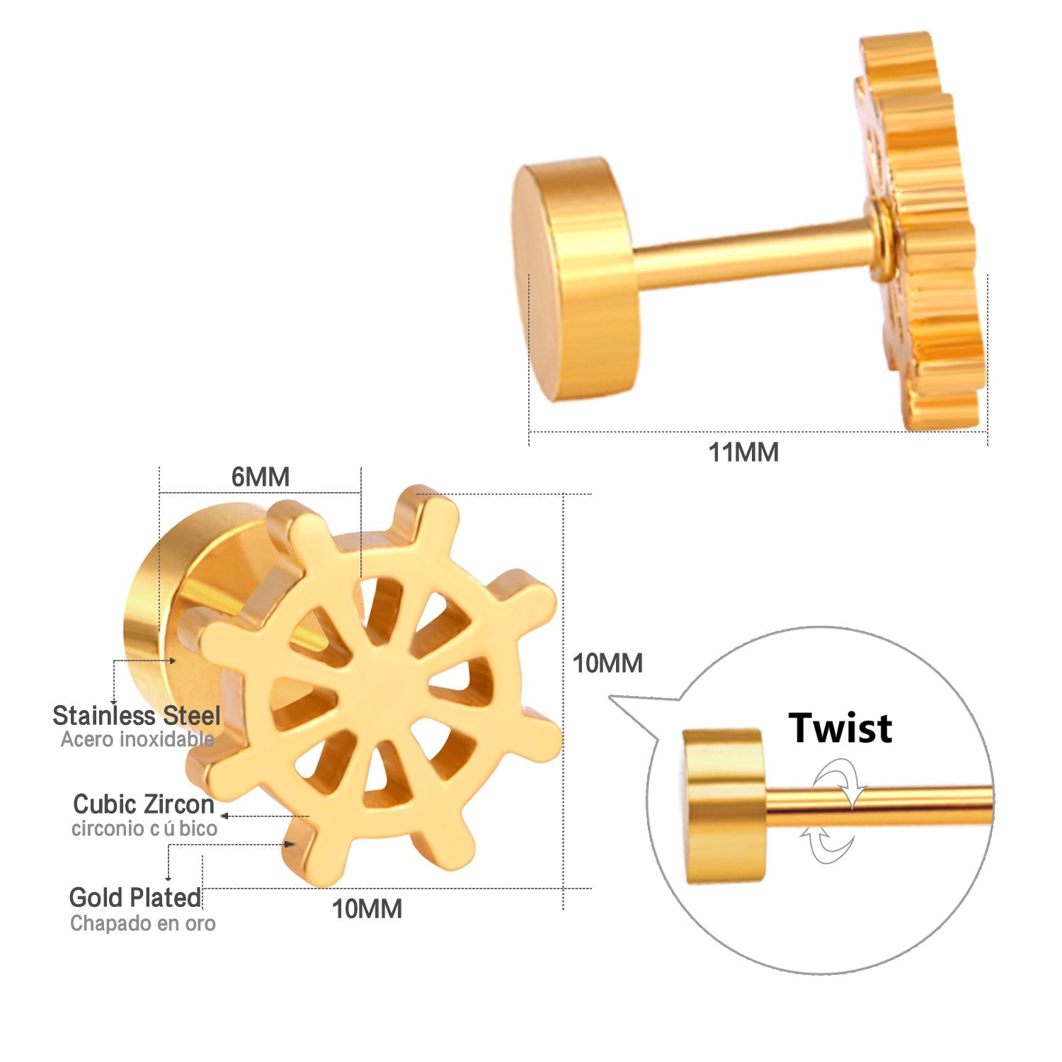 Daiane Nautical Wheel	Flat Back Studs -Gold