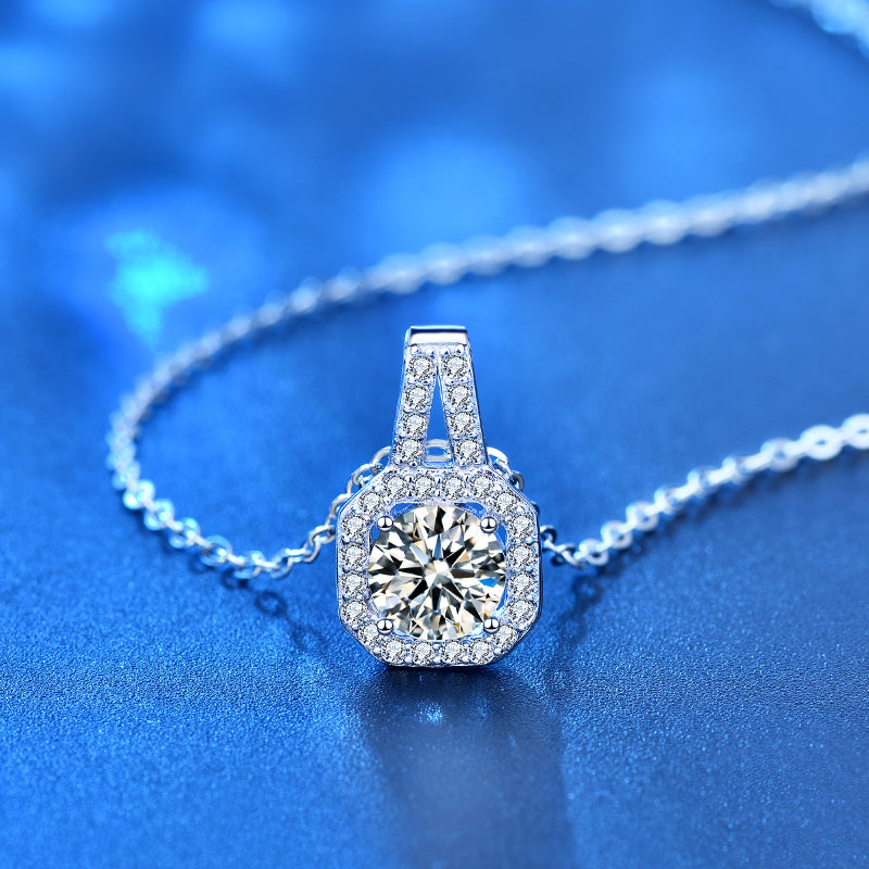 1 carat Radiant Cut Moissanite Pendant In A Paved Halo Setting with Chain in Platinum Overlay Sterling Silver GRA Certified