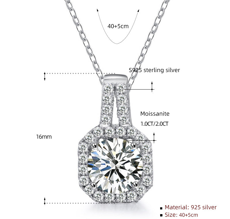 1 carat Radiant Cut Moissanite Pendant In A Paved Halo Setting with Chain in Platinum Overlay Sterling Silver GRA Certified
