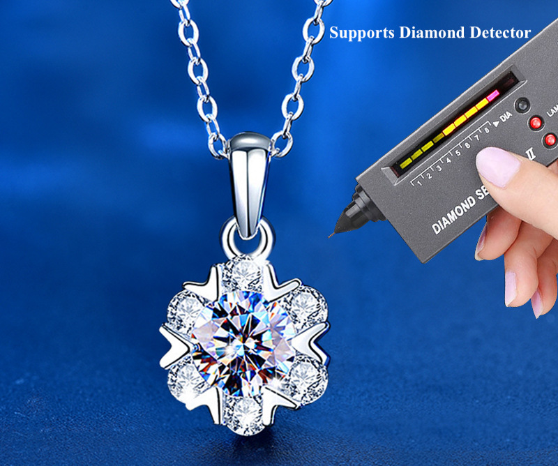 Elegant 1 Carat Radiant Cut Moissanite Embraced by Six Stones Pendant with Chain in Platinum Overlay Sterling Silver, GRA Certified