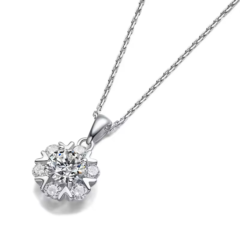 Elegant 1 Carat Radiant Cut Moissanite Embraced by Six Stones Pendant with Chain in Platinum Overlay Sterling Silver, GRA Certified