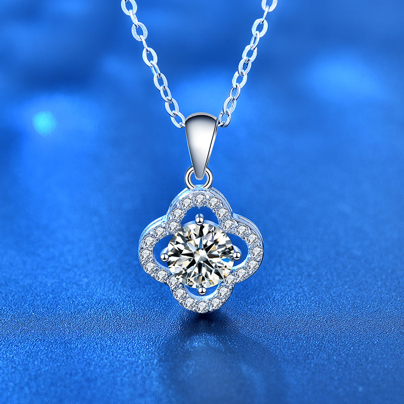 1 Carat Radiant Cut Moissanite Pendant in Clover Shape Halo Setting with Chain in Platinum Overlay Sterling Silver, GRA Certified