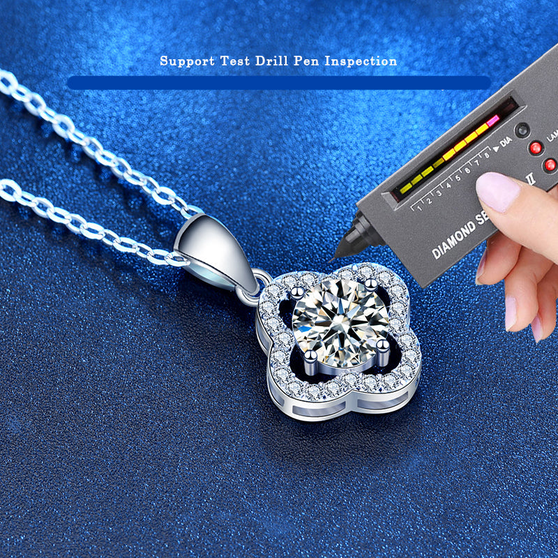 1 Carat Radiant Cut Moissanite Pendant in Clover Shape Halo Setting with Chain in Platinum Overlay Sterling Silver, GRA Certified