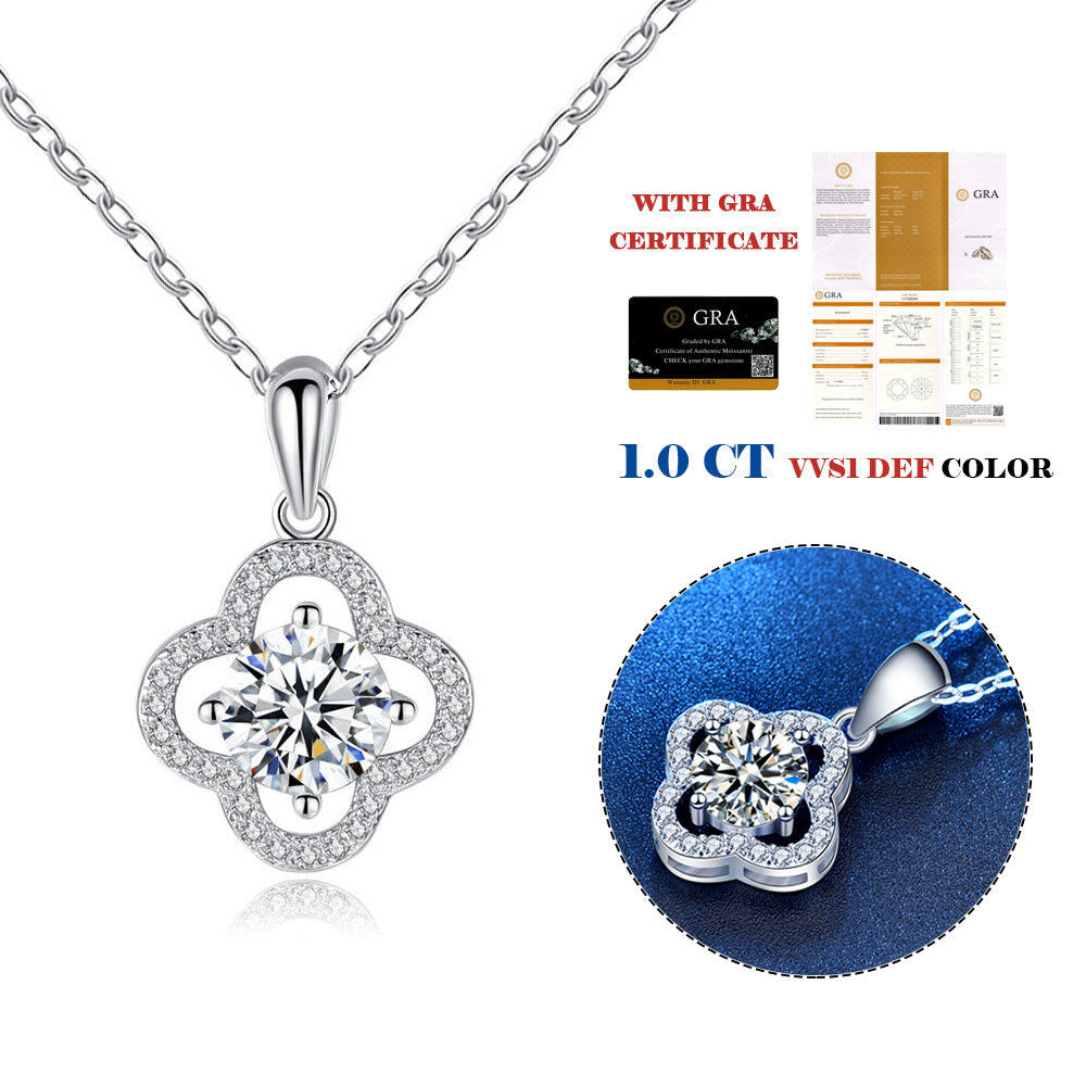 1 Carat Radiant Cut Moissanite Pendant in Clover Shape Halo Setting with Chain in Platinum Overlay Sterling Silver, GRA Certified