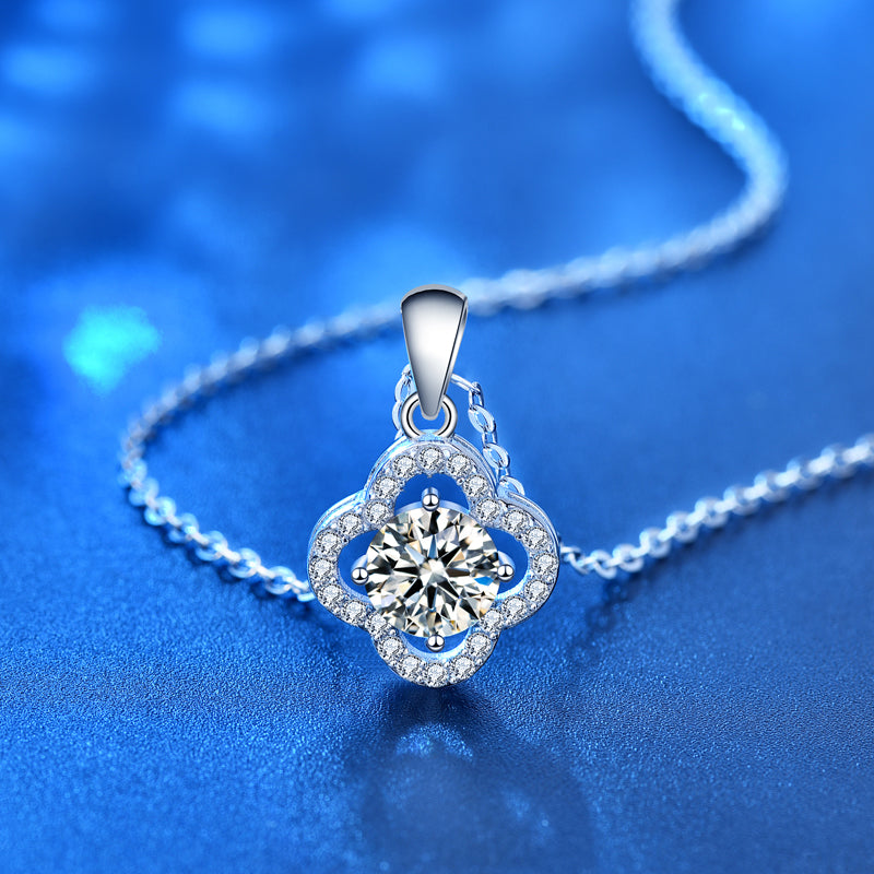 1 Carat Radiant Cut Moissanite Pendant in Clover Shape Halo Setting with Chain in Platinum Overlay Sterling Silver, GRA Certified