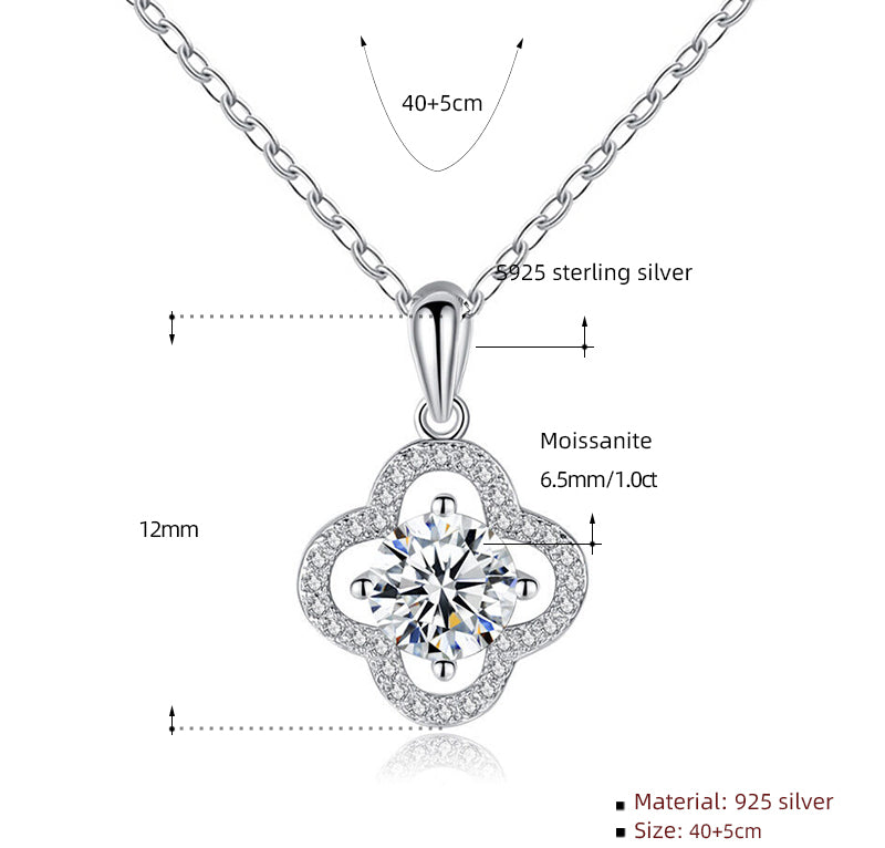 1 Carat Radiant Cut Moissanite Pendant in Clover Shape Halo Setting with Chain in Platinum Overlay Sterling Silver, GRA Certified