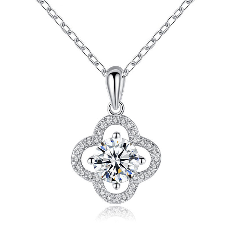 1 Carat Radiant Cut Moissanite Pendant in Clover Shape Halo Setting with Chain in Platinum Overlay Sterling Silver, GRA Certified