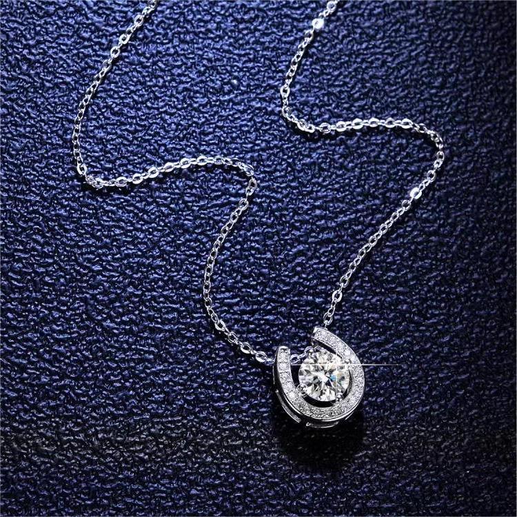 Luck and Luxury: 1 Carat Solitaire Drop Moissanite Horseshoe Pendant with Chain in Platinum Overlay Sterling Silver, GRA Certified