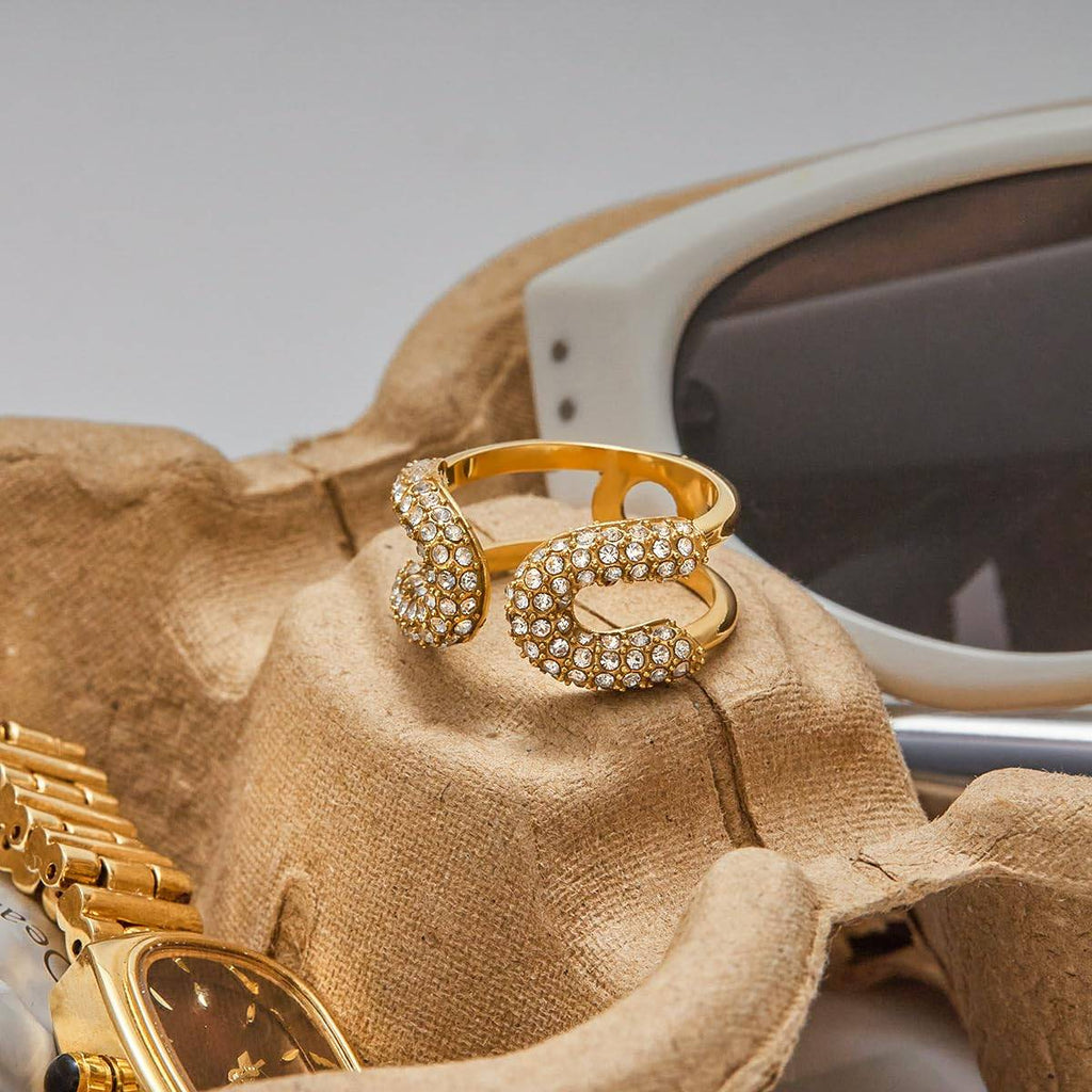 Dual-loop Pavé Crystal Adjustable Ring | Waterproof 18k Gold