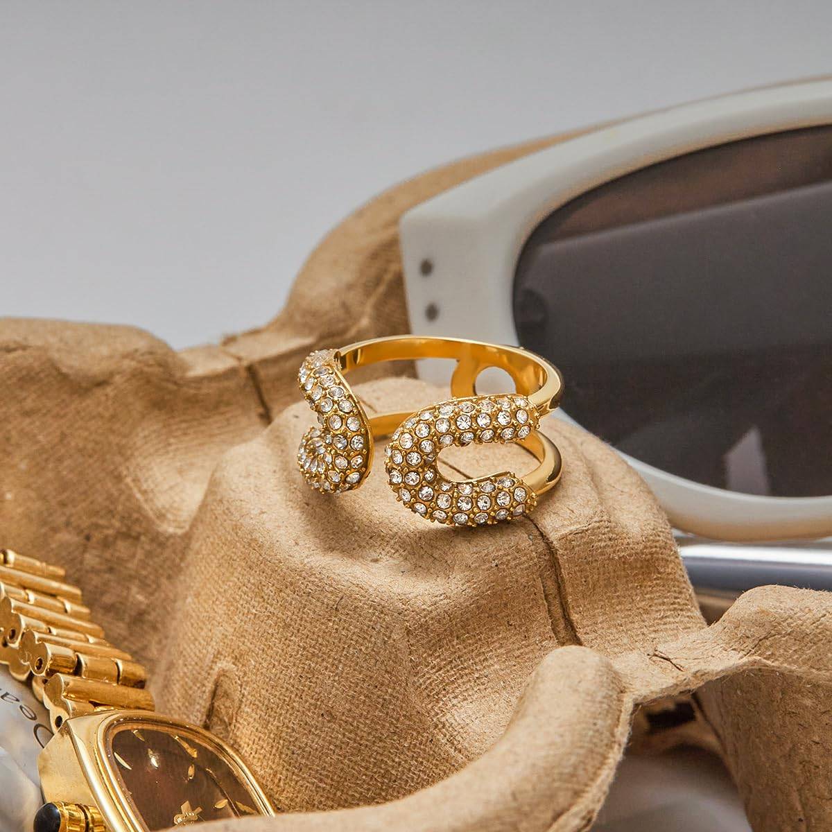 Dual-loop Pavé Crystal Adjustable Ring | Waterproof 18k Gold