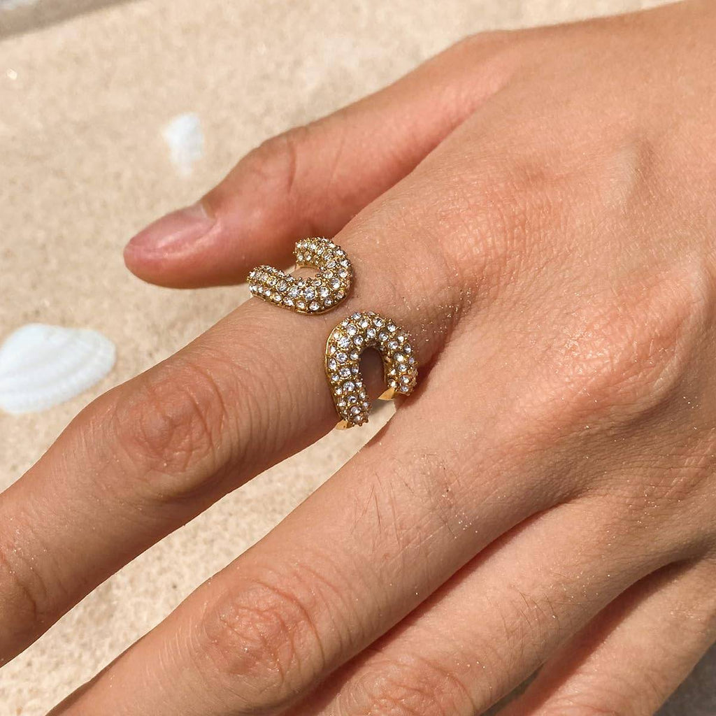 Dual-loop Pavé Crystal Adjustable Ring | Waterproof 18k Gold