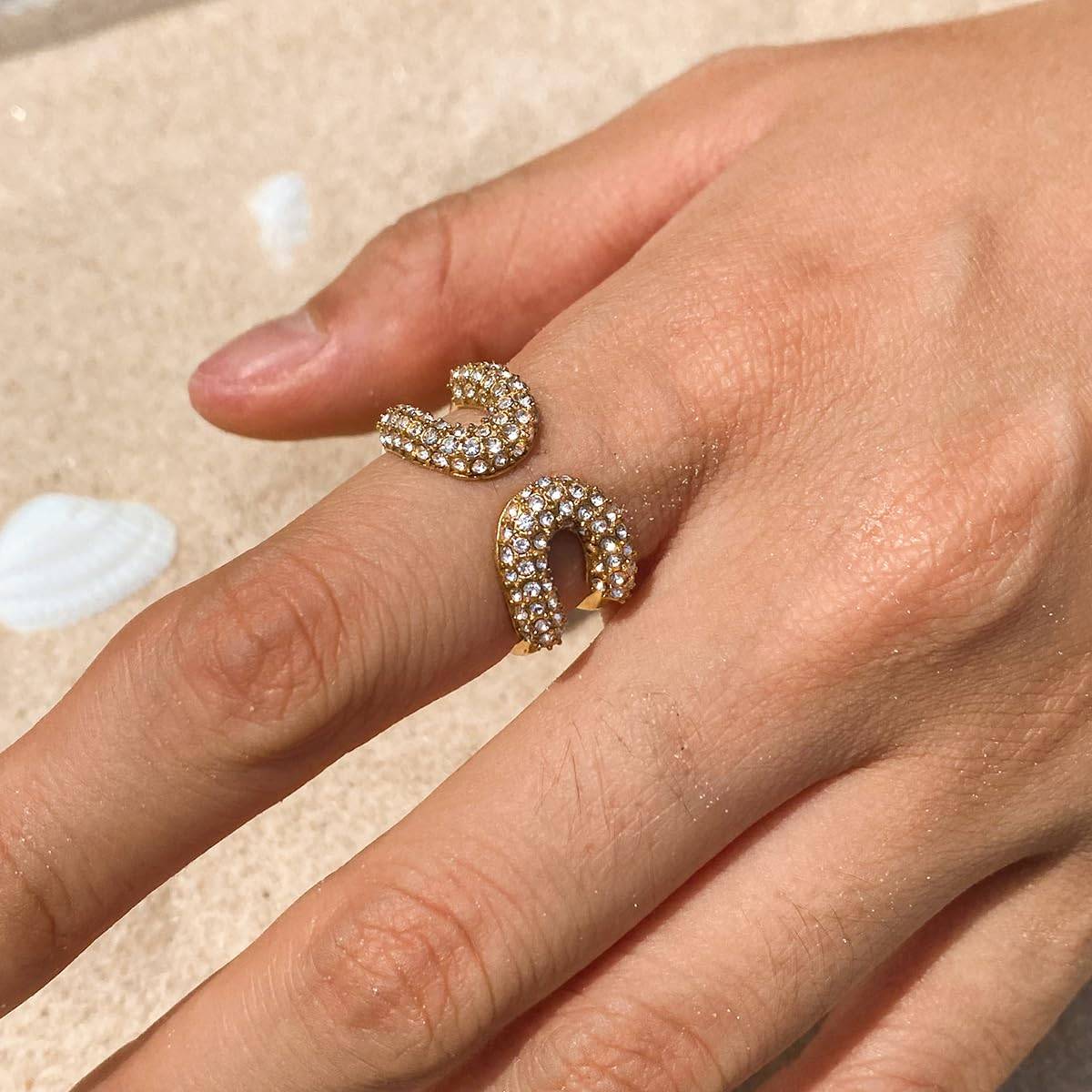 Dual-loop Pavé Crystal Adjustable Ring | Waterproof 18k Gold