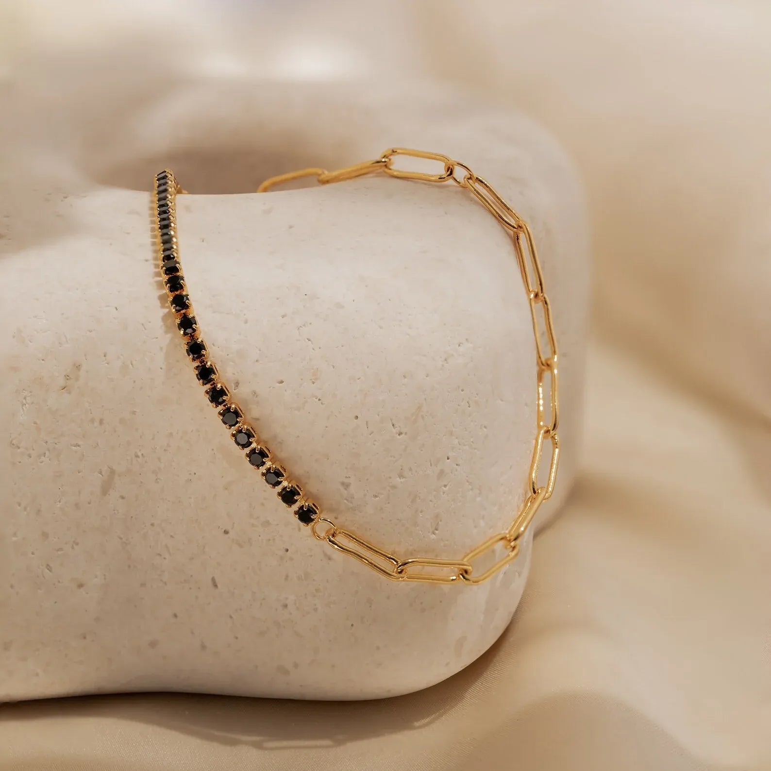 Cassia Black Onyx Crystal Tennis Chain Bracelet | Waterproof 18k Gold