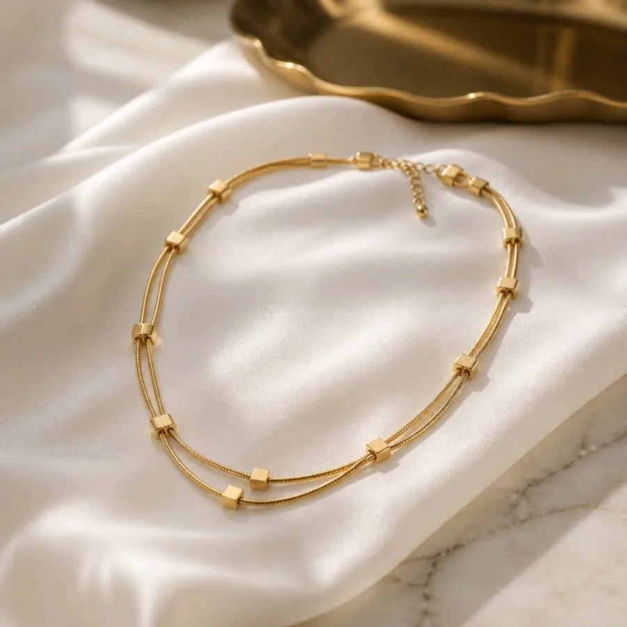 Elyra Cube Station Double Layered Necklace | Waterproof 18k Gold
