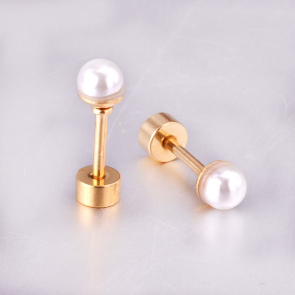 Lora White Pearl Flat Back Studs 4MM | Waterproof 18k Gold & Silver
