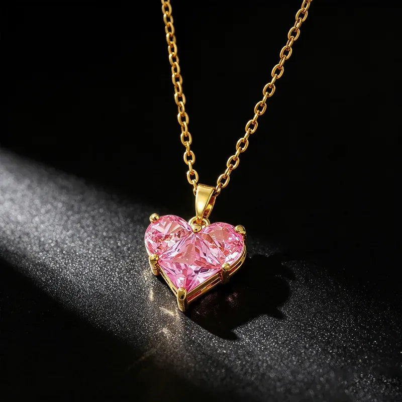 Sienna Pink Crystal Heart Necklace | Waterproof 18k Gold