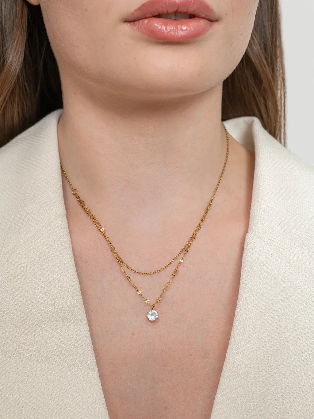 Beryl Solitaire Crystal Double Layer Necklace | Waterproof 18k Gold