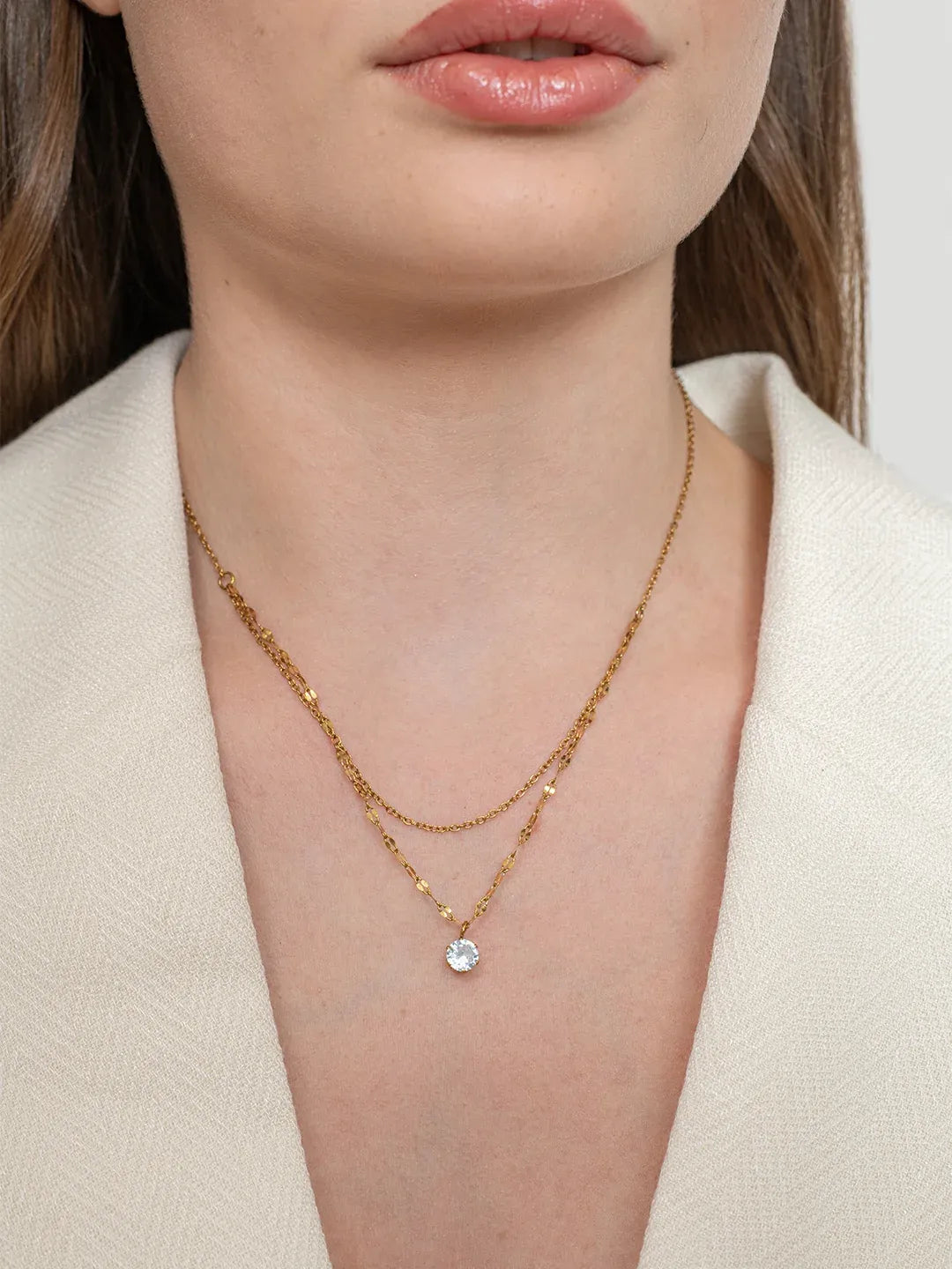 Beryl Solitaire Crystal Double Layer Necklace | Waterproof 18k Gold
