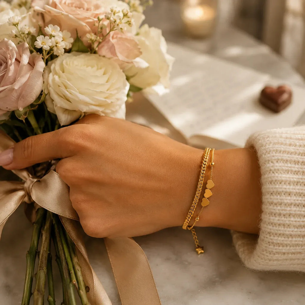 Bayla Heart Trio Double Chain Bracelet | Waterproof 18k Gold