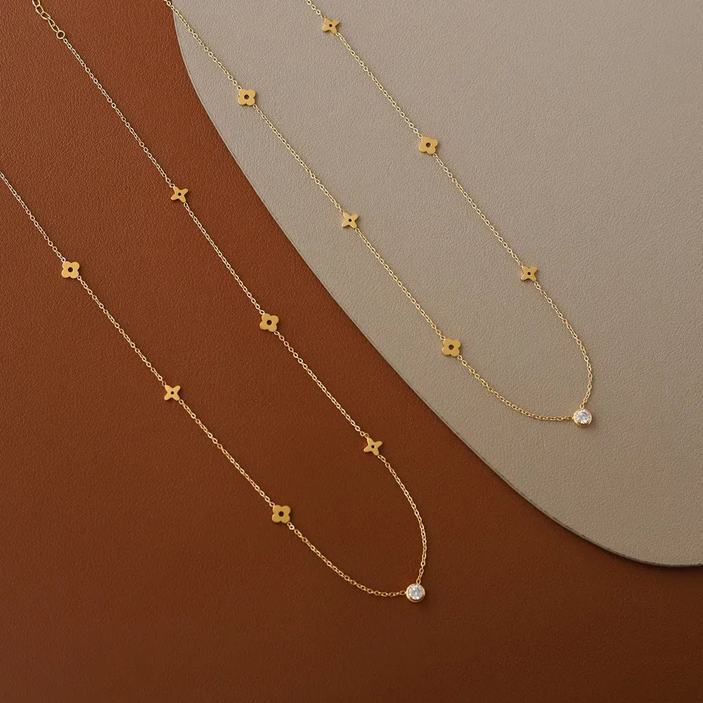 Amaris Clover & Solitaire Necklace | Waterproof 18k Gold