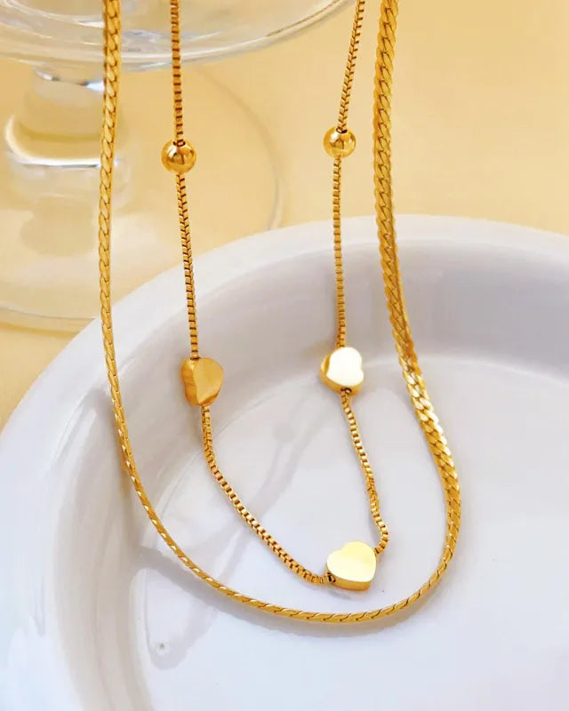 Bayla Heart Trio Double Chain Necklace | Waterproof 18k Gold