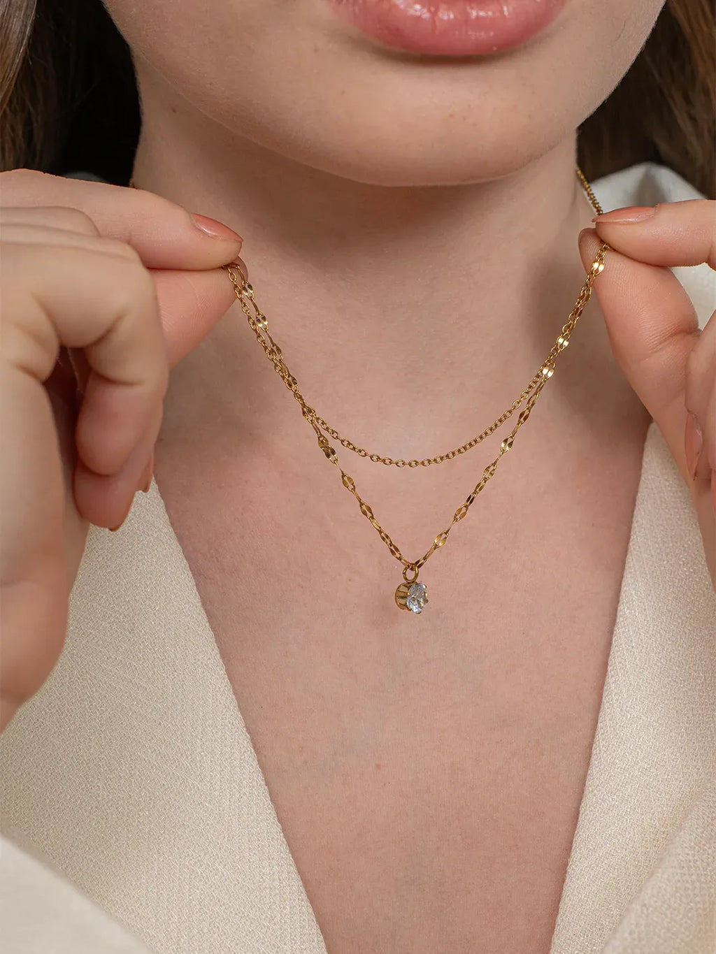 Beryl Solitaire Crystal Double Layer Necklace | Waterproof 18k Gold