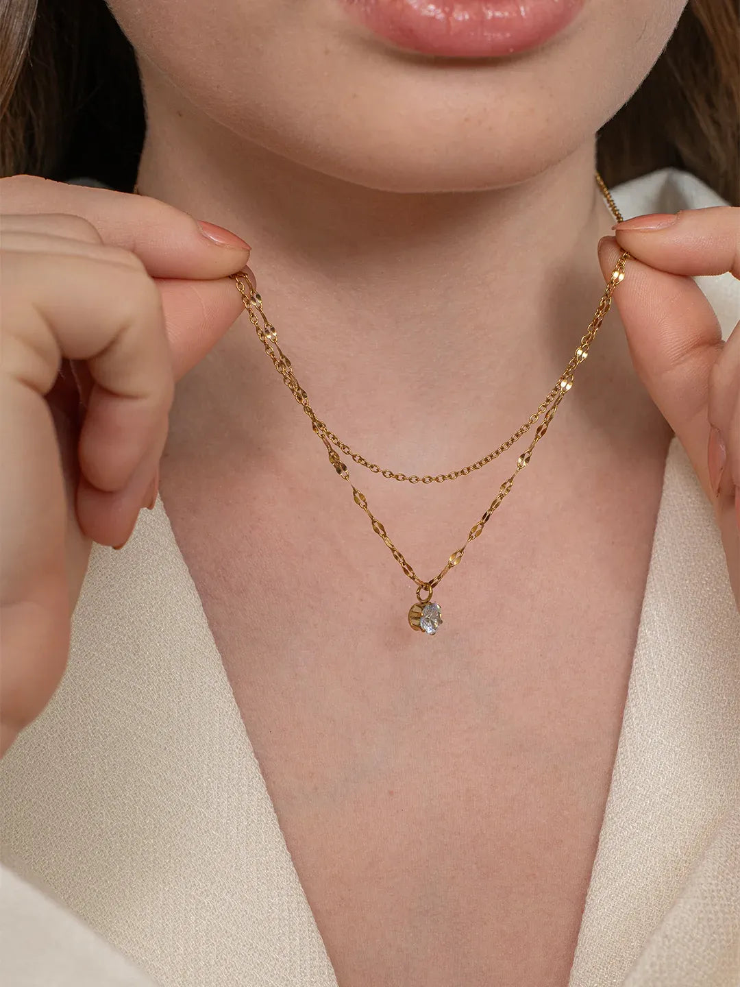 Beryl Solitaire Crystal Double Layer Necklace | Waterproof 18k Gold