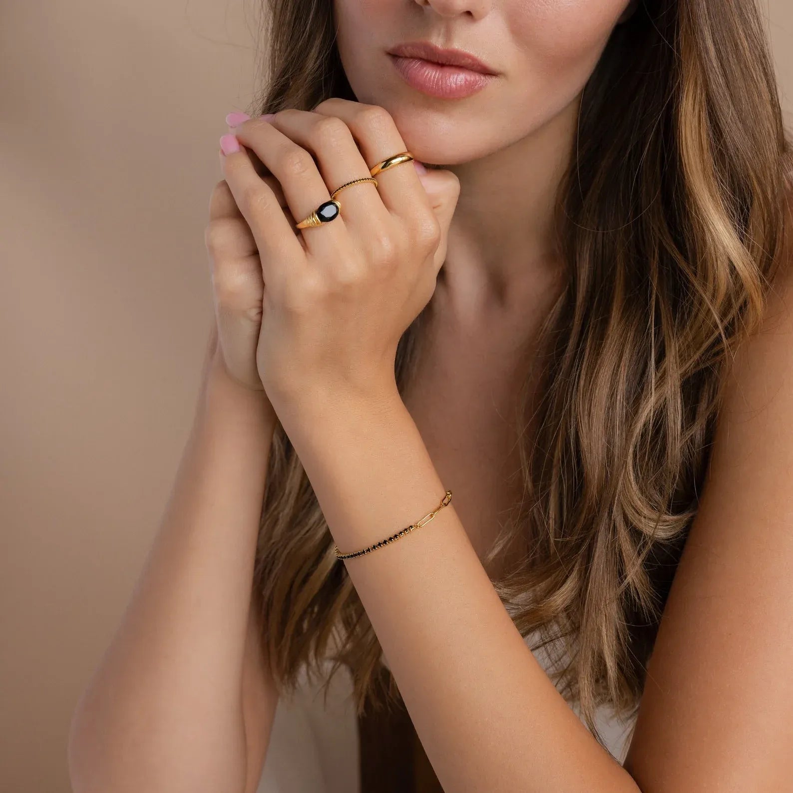 Cassia Black Onyx Crystal Tennis Chain Bracelet | Waterproof 18k Gold