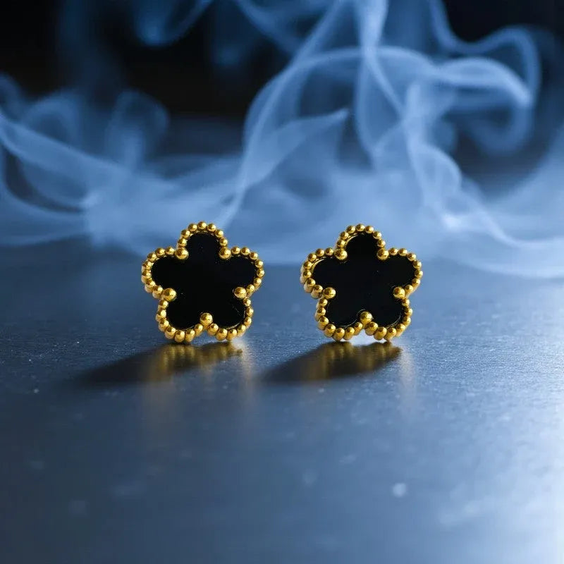 Bronte Five-Leaf Black Clover Stud Earrings | Waterproof 18k Gold