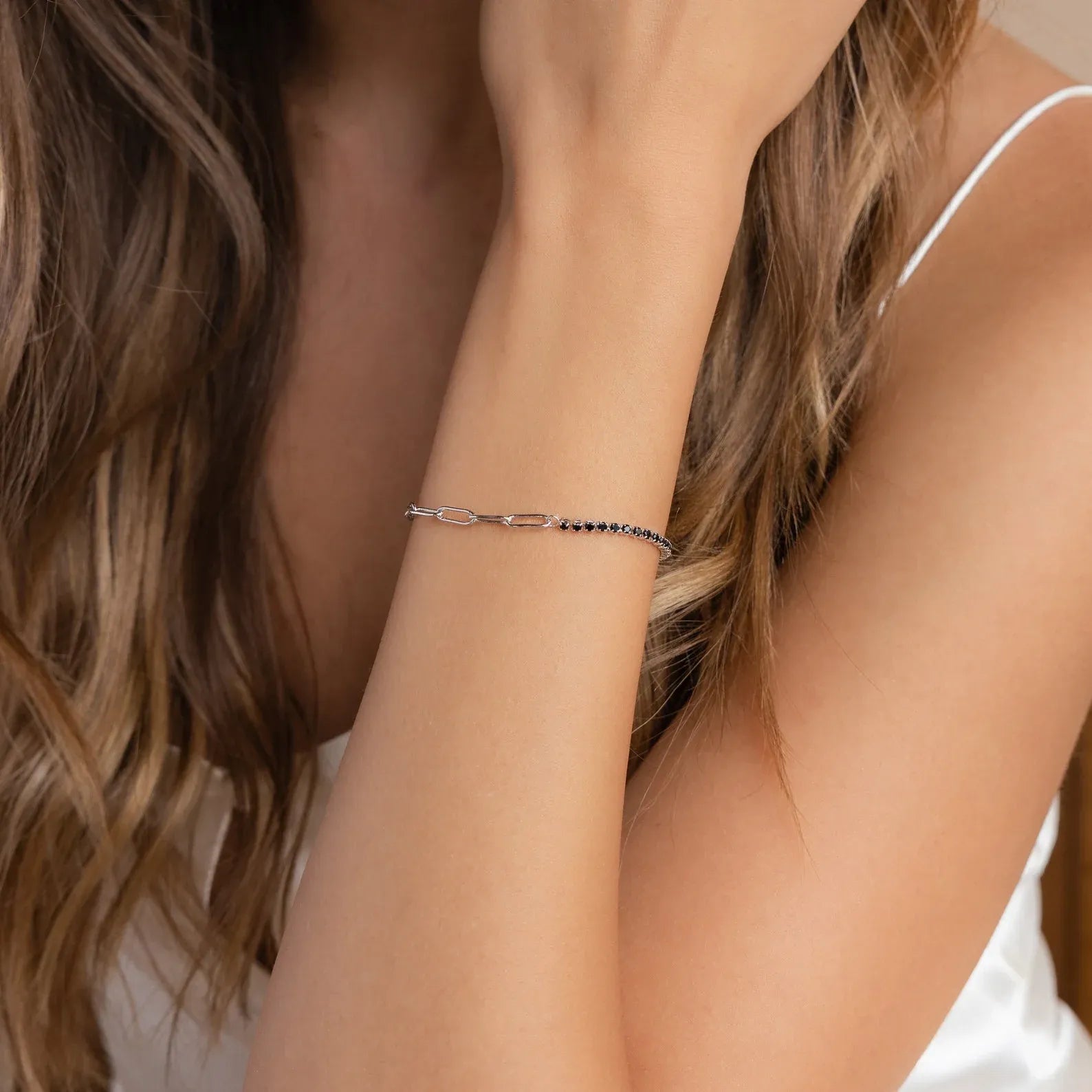 Cassia Black Onyx Crystal Tennis Chain Bracelet | Waterproof 18k Gold