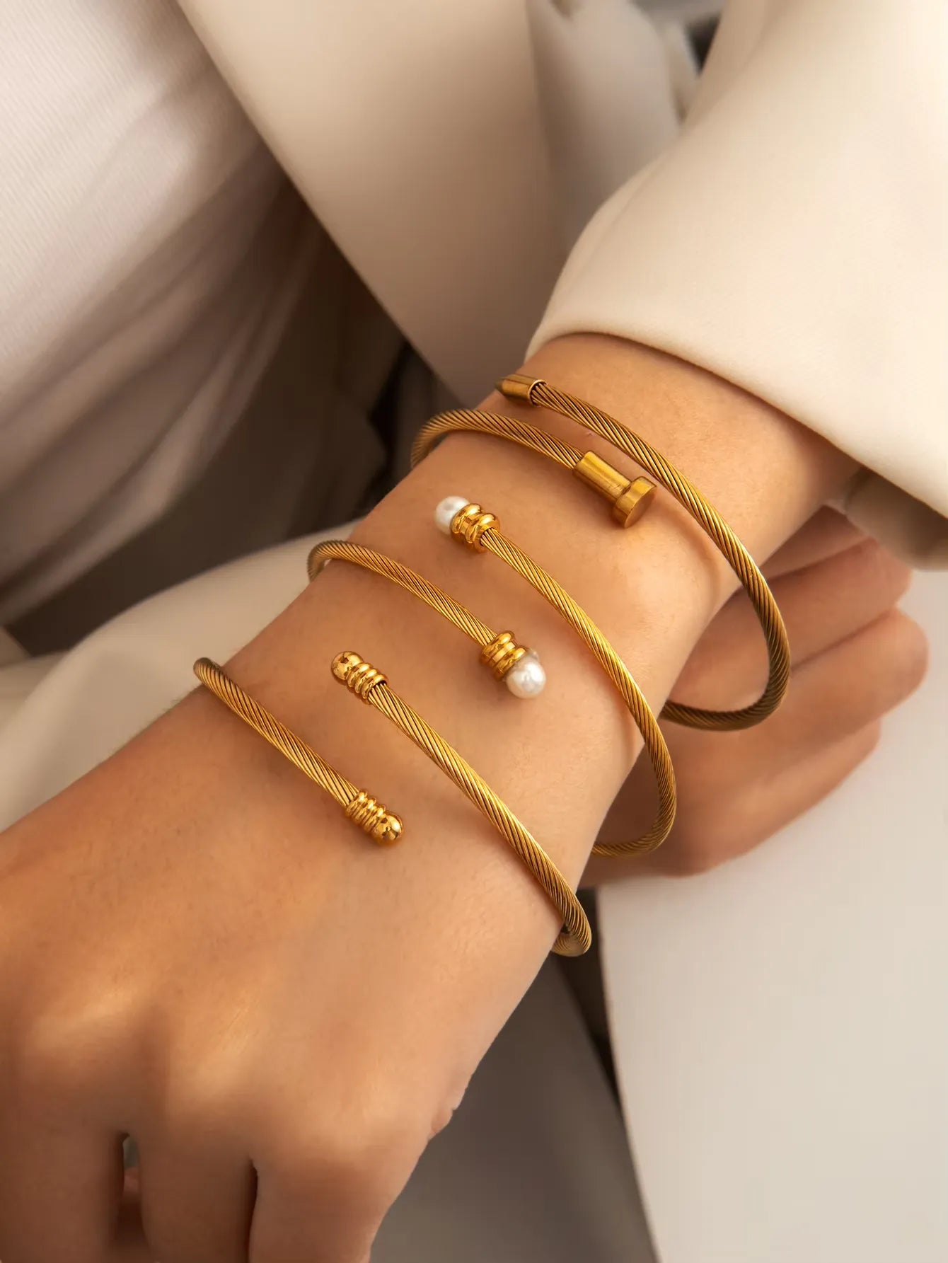 Cedric Pearl Wrap Bangle Bracelet | Waterproof 18k Gold