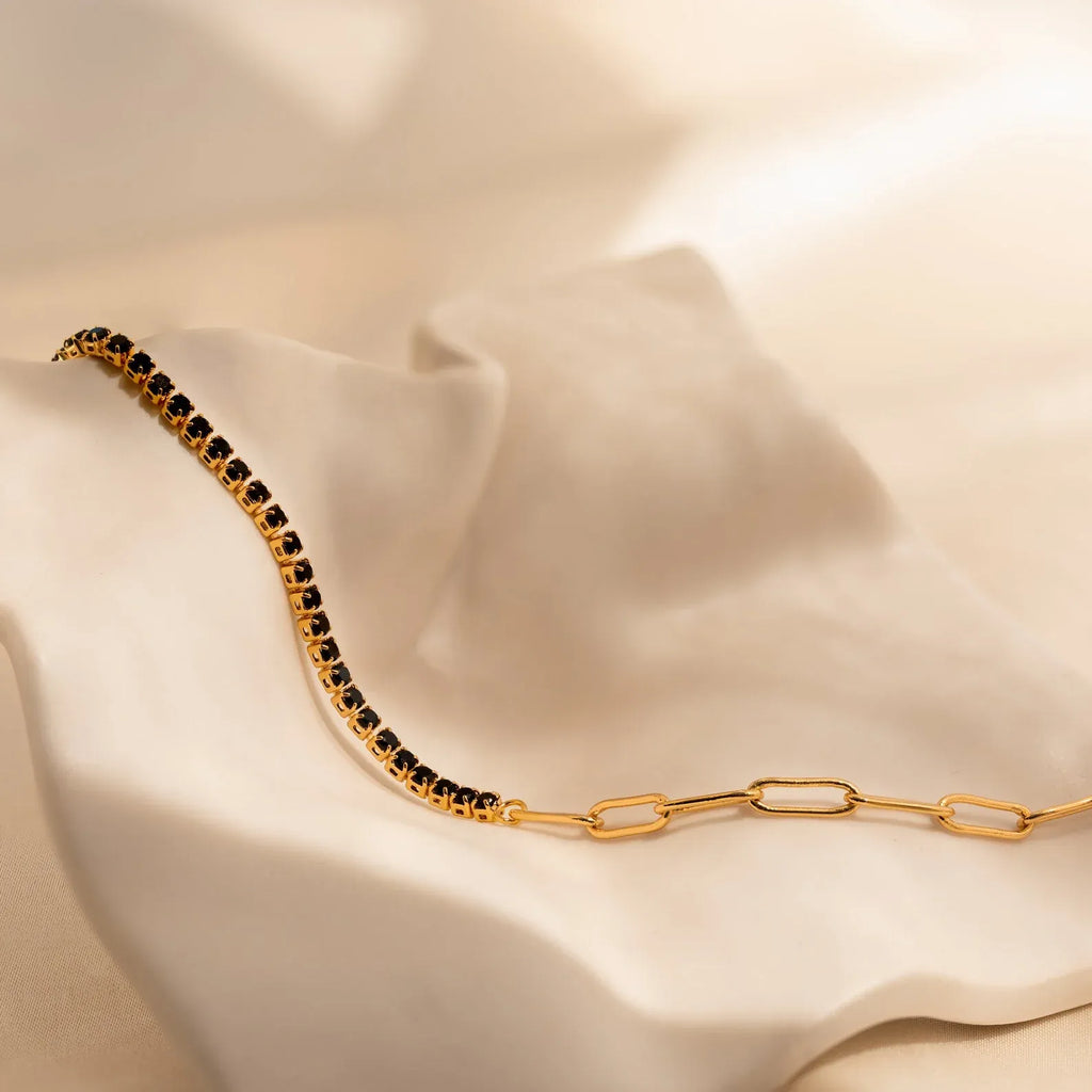 Cassia Black Onyx Crystal Tennis Chain Bracelet | Waterproof 18k Gold