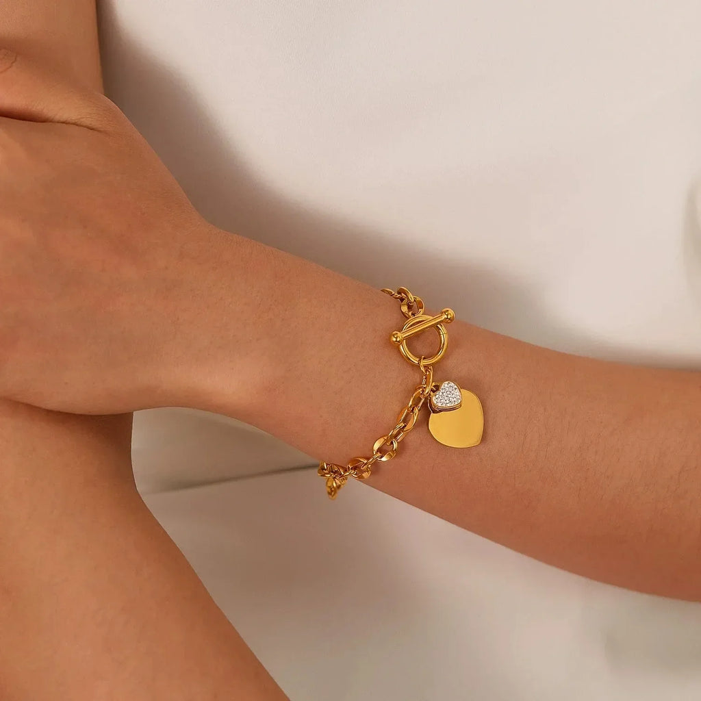 Elysia T-Bar Heart Charm Bracelet | Waterproof 18k Gold