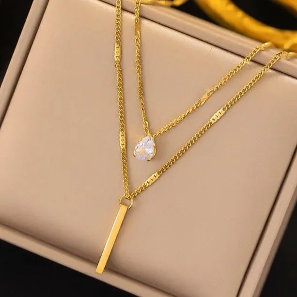 Cloda Solitaire Crystal Double Layer Necklace | Waterproof 18k Gold