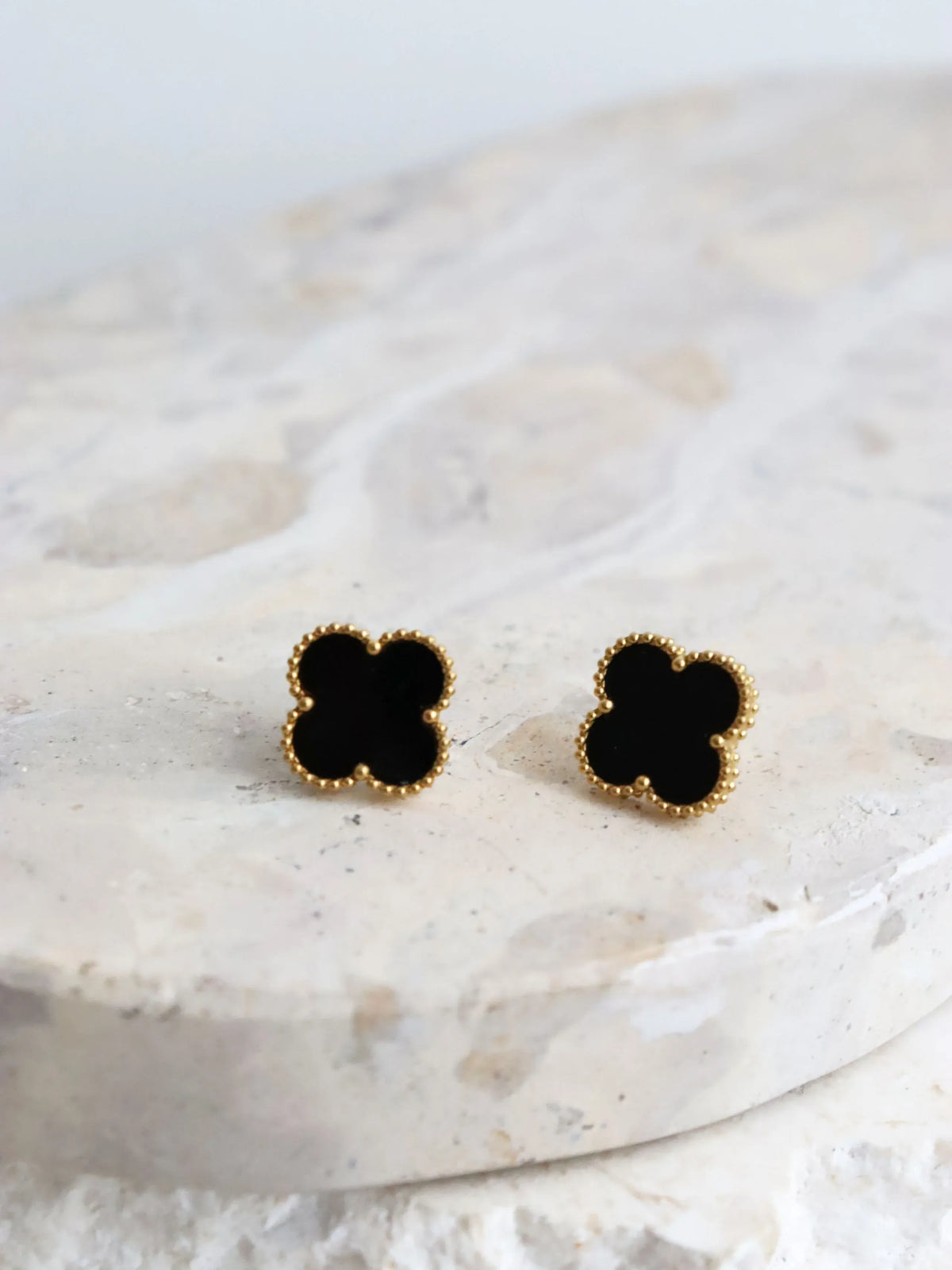 Alora Four-Leaf Black Clover Stud Earrings | Waterproof 18k Gold