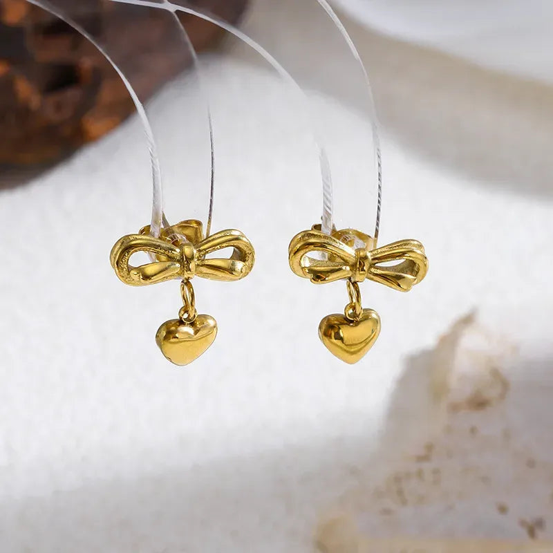 Blythe Bow & Heart Drop Earrings | Waterproof 18k Gold