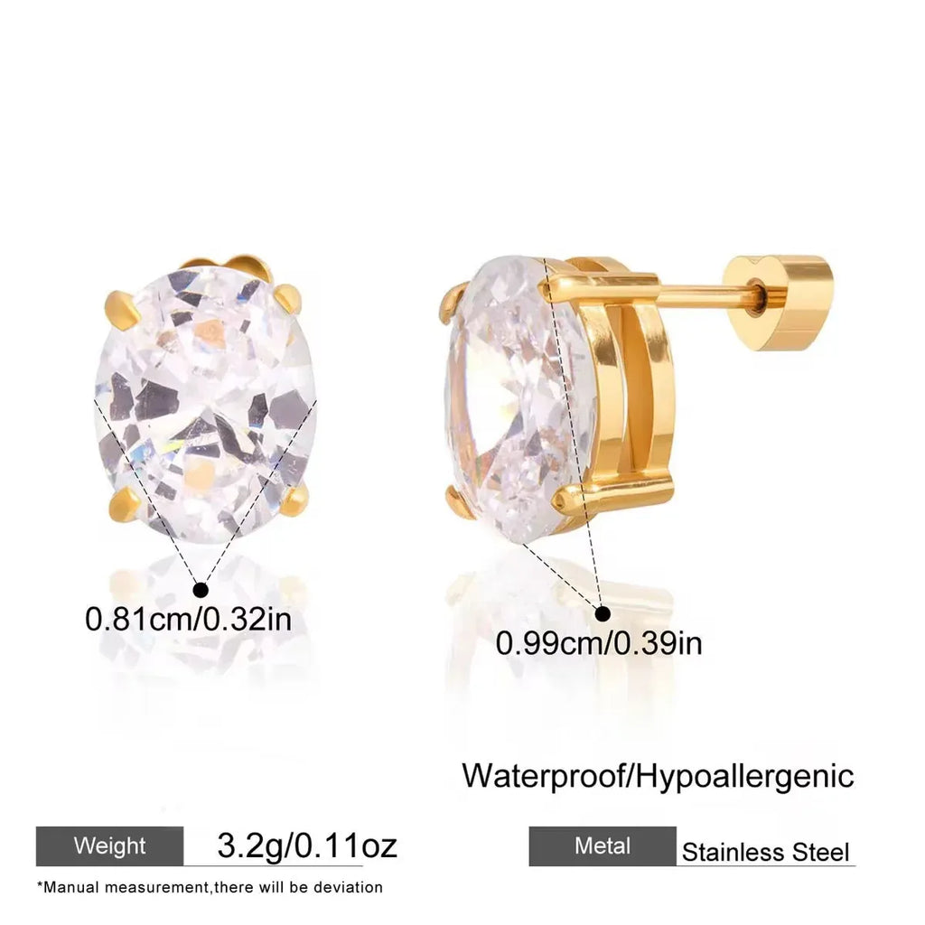 Cyprian Oval Cut Crystal Solitaire Stud Earrings | Waterproof 18k Gold