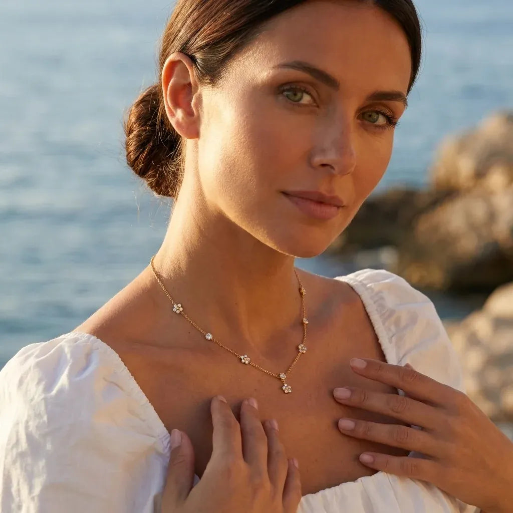 Evora Clover Charm Station Necklace | Waterproof 18k Gold
