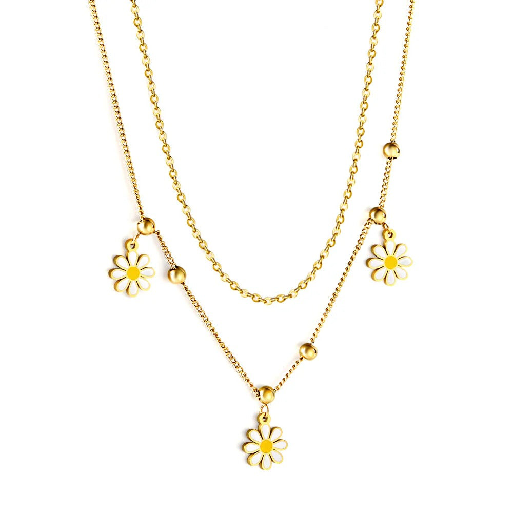 Emmeline White Daisies Layered Necklace | Waterproof 18k Gold