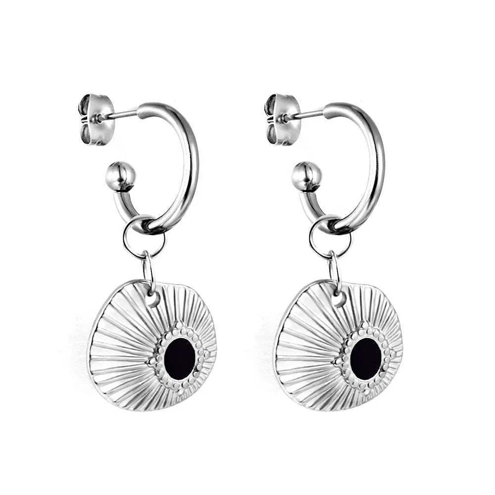 Nina Black Evil Eye Hoops -Silver