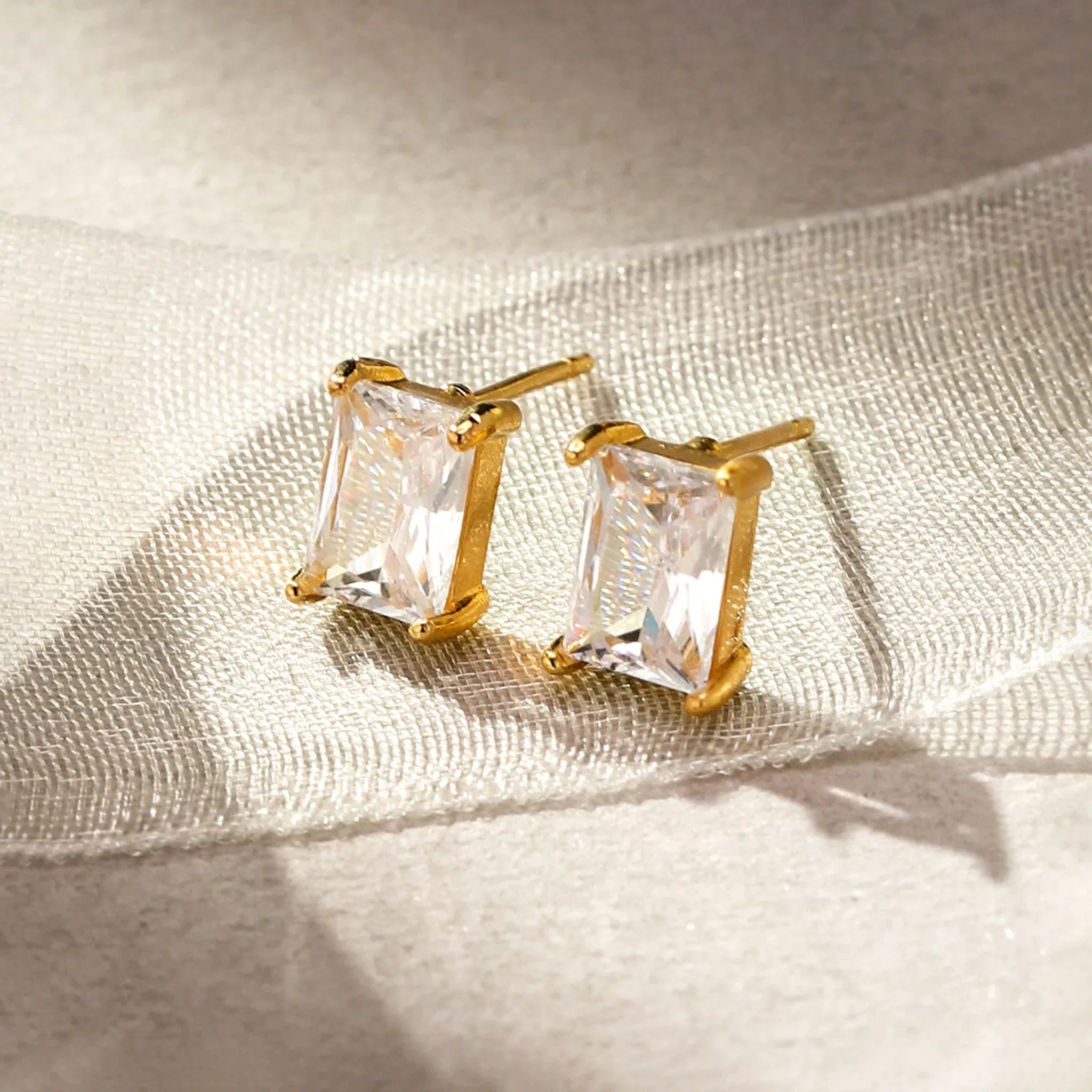 Cornelia Baguette Cut Crystal Solitaire Stud Earrings | Waterproof 18k Gold