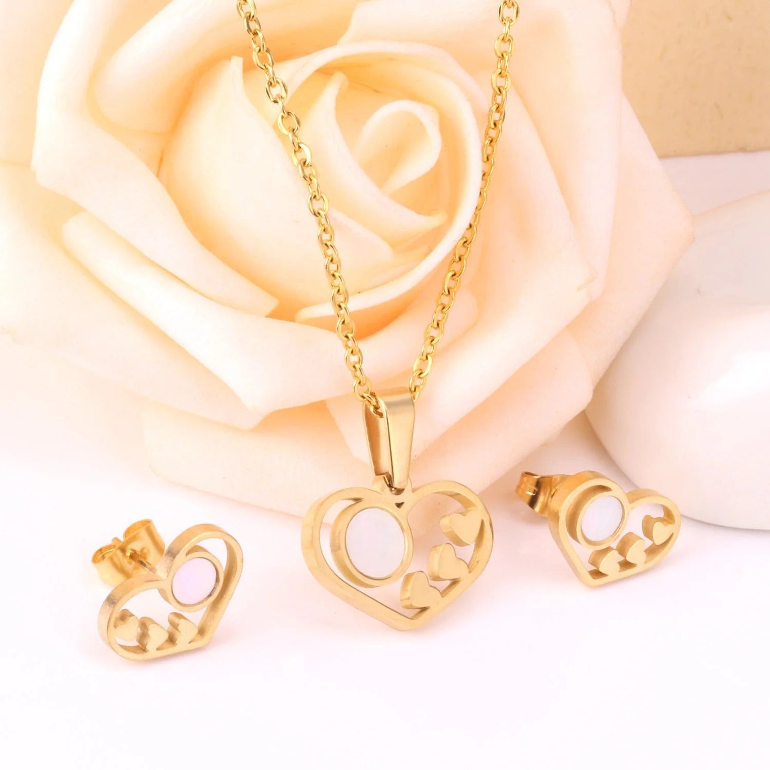 Naome Luminous Pearl Inset Heart Set | Buy Set or Individual