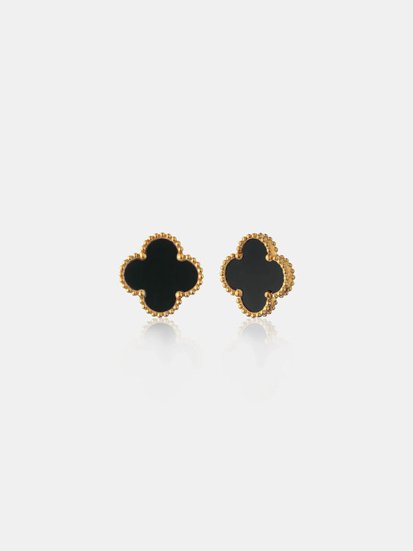 Alora Four-Leaf Black Clover Stud Earrings | Waterproof 18k Gold