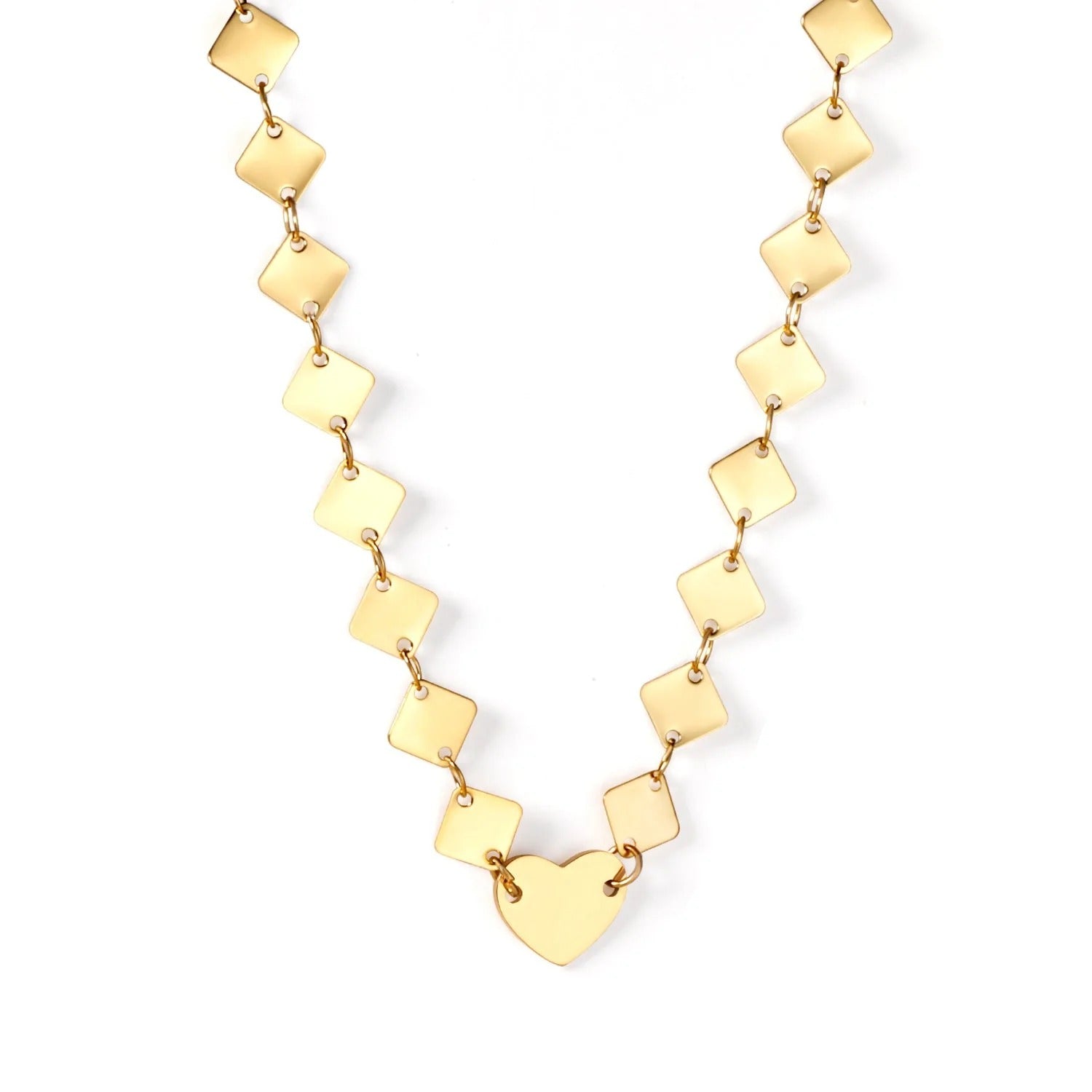 Fern Diamond Link Heart Pendant Necklace | Waterproof 18k Gold & Silver Steel
