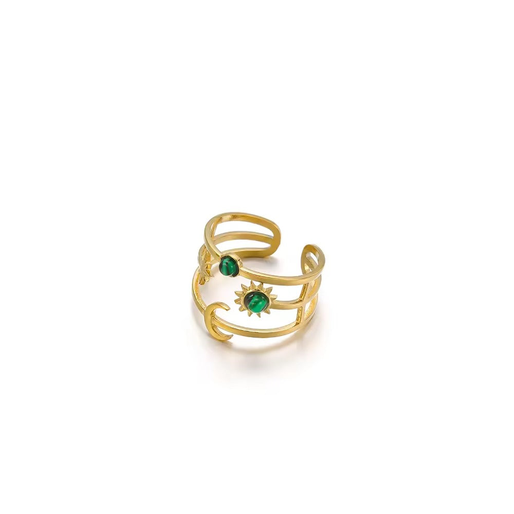 Keely Star Moon Malachite Green Resizable Ring | Waterproof 18K Gold