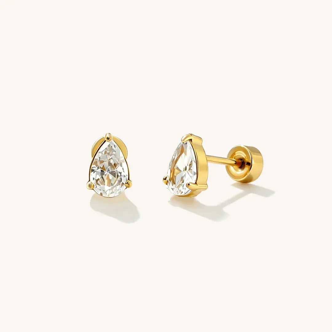 Cassan Pear Cut Crystal Solitaire Stud Earrings | Waterproof 18k Gold